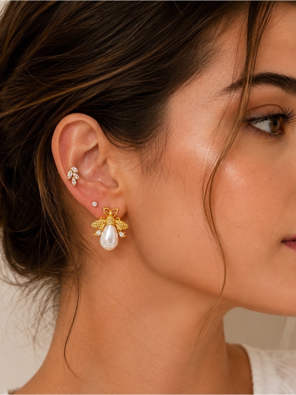 Gold Bee Pearl Drop Earrings